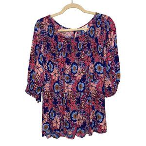 Floral Smocked Scoop Neck 3/4 Sleeve Blouse By Terra & Sky 2X Pink/Blue Lightwei